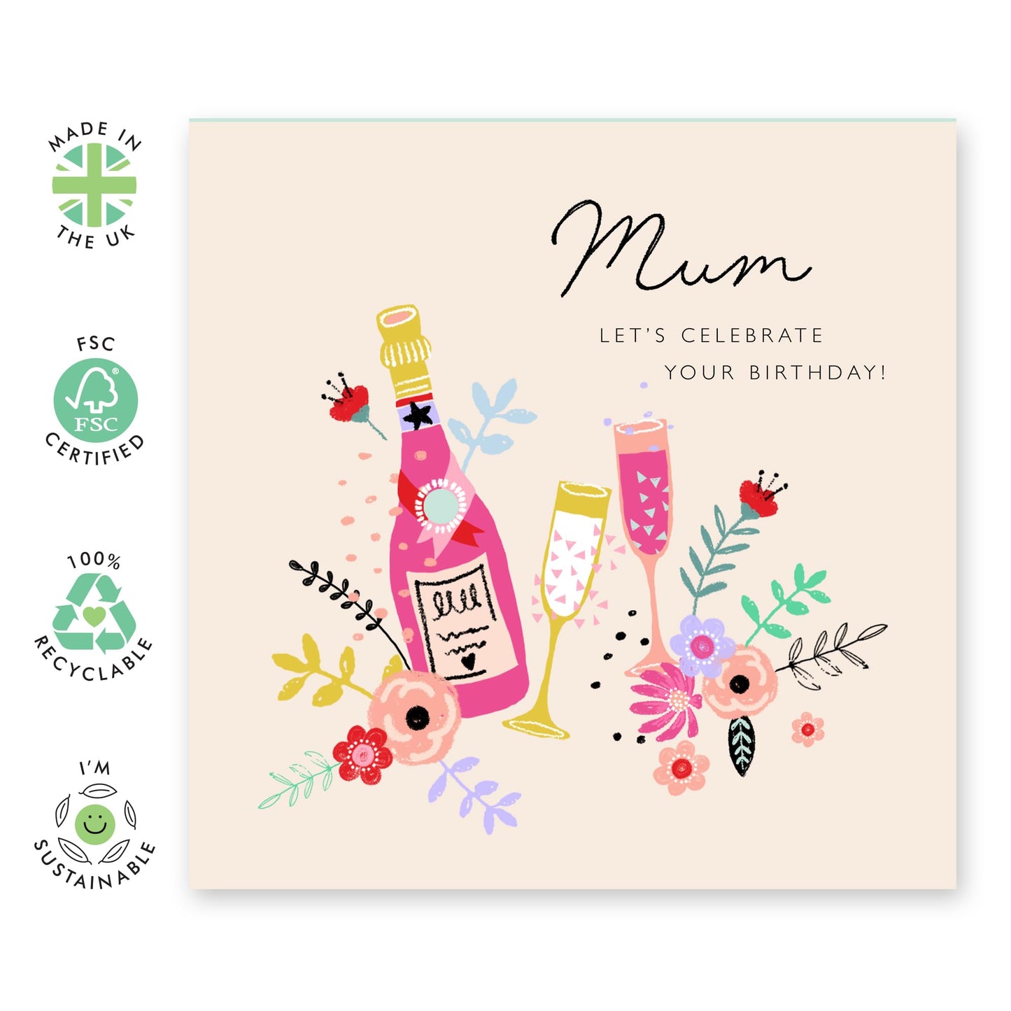 Birthday Card For Mum - Mum Celebrate Florals And Drinks - Greeting Cards For Mum - Bday Greeting Card For Mummy - Birthday Card For Mother From Son Daughter - Comes With Fun Stickers - By Central 23