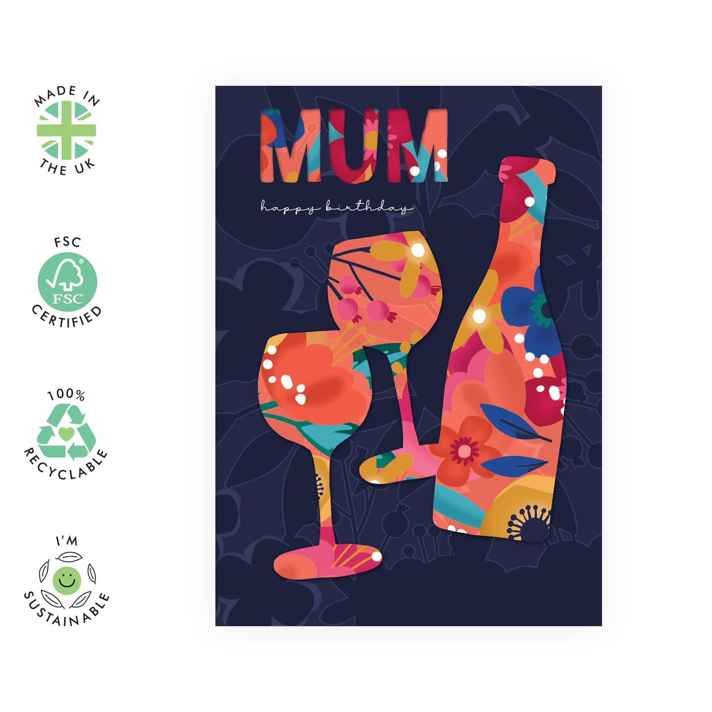 Birthday Card For Mum - Floral Drinks Toast Celebration - Happy Birthday Mum Card For Women - Greeting Cards For Her Female Mother Mummy - Comes With Fun Stickers - By Central 23