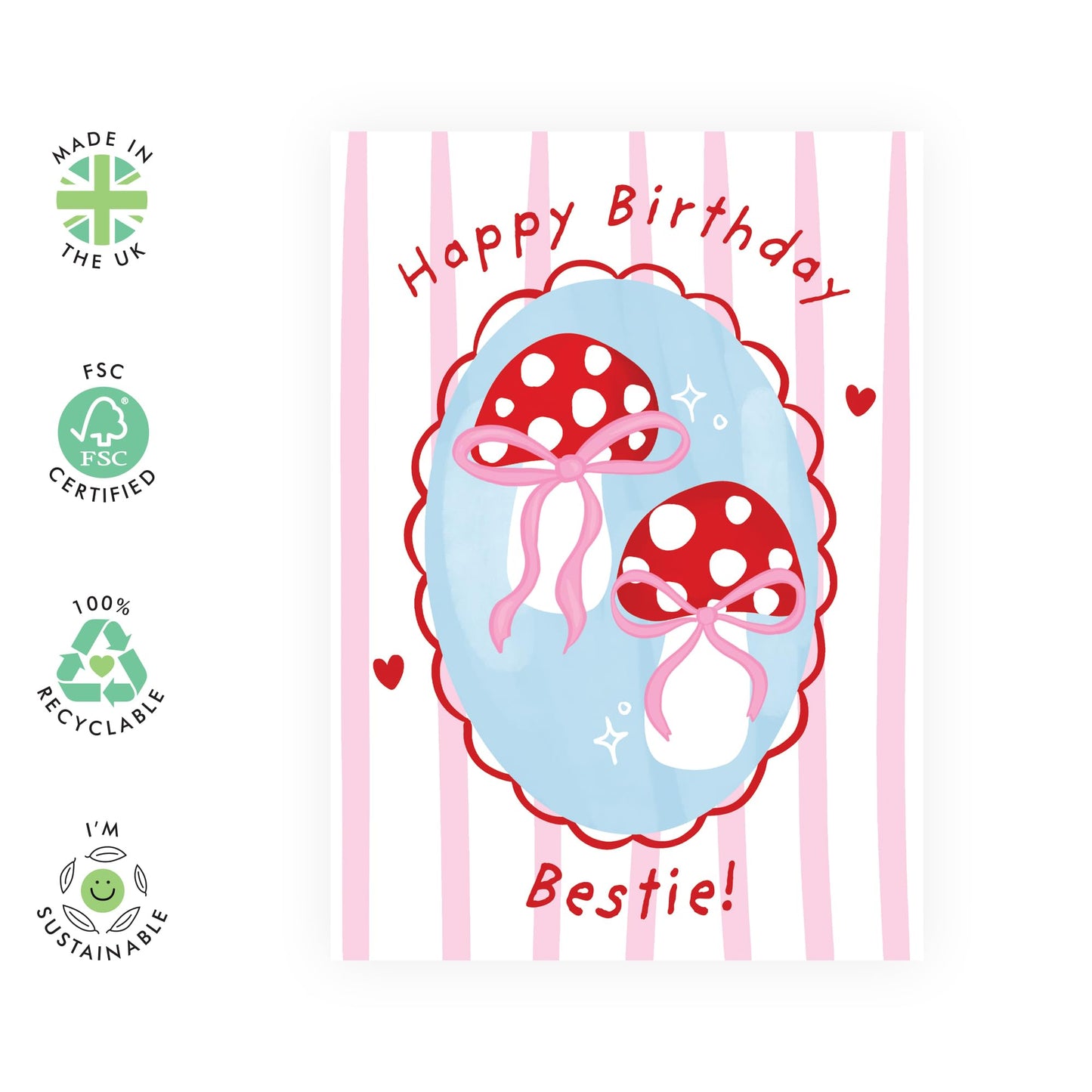 Quirky Birthday Card for Best Friend - Mushroom-Themed "Happy Birthday Bestie!" - Cute and Fun Greeting Card for Besties, BFF, Girlfriends, Her, Sis - Comes with Fun Stickers