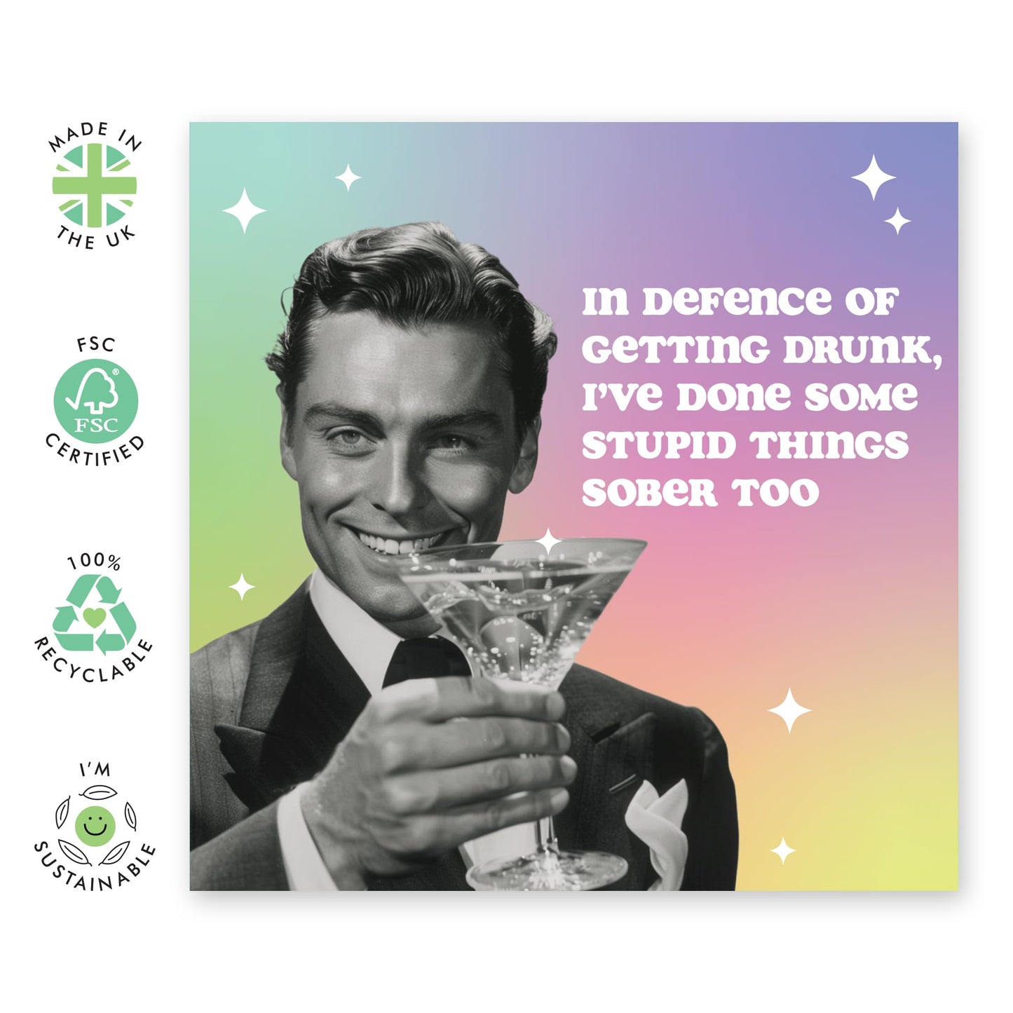 Drunk Greeting Card - 'Defending Drunk' - Laughs for Drinking Buddies, Friends, Pub Guys, BFFs and Workmates - More Drinking Less Problems - Comes with Fun Stickers