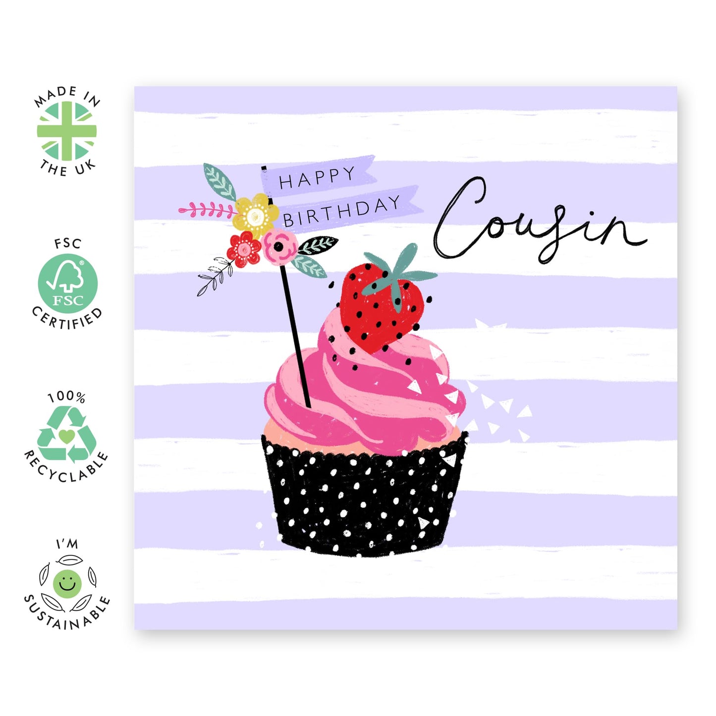 Purple Birthday Card For Cousin - Bday Cupcake Floral Cards And Envelope - Happy Birthday Card For Her Women Female Ladies Her - Gift For Women - Comes With Stickers - By Central 23