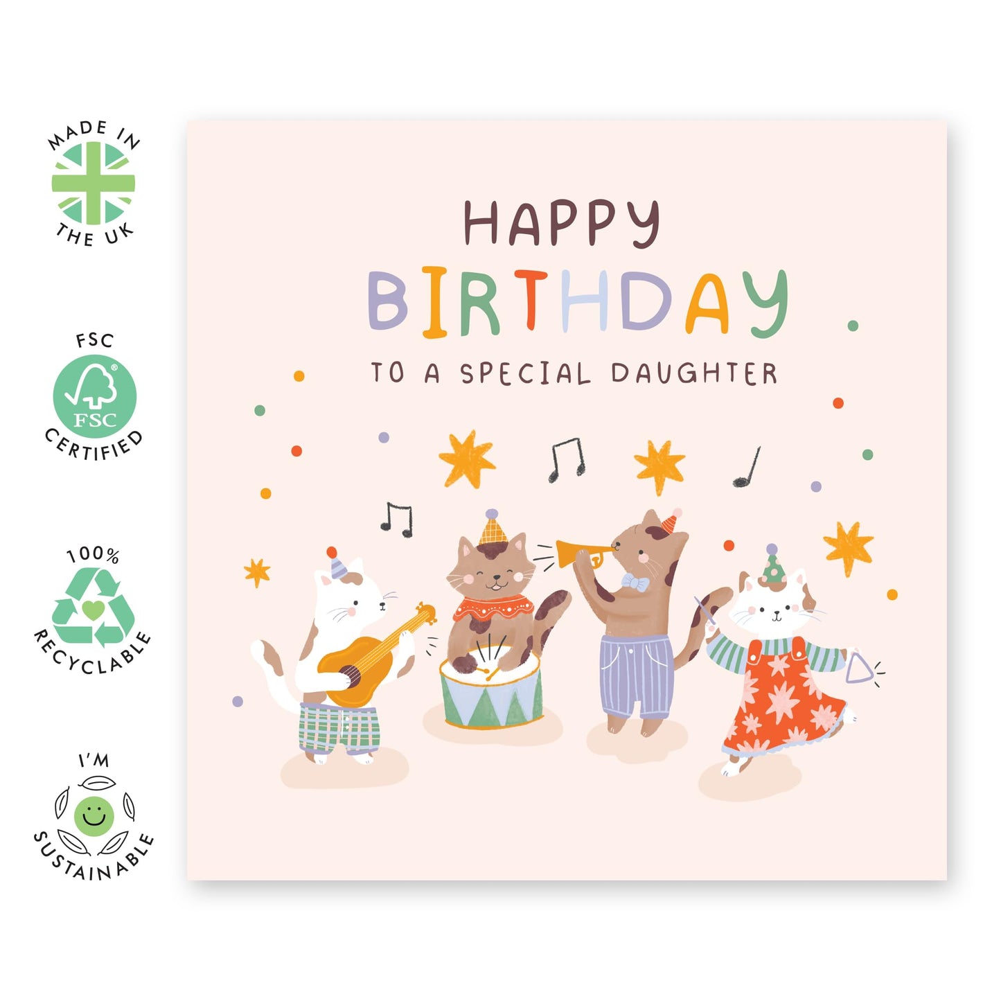 Cat Band Birthday Card - 'Cat Music Birthday Daughter' - Gifts for Girls, Kids, Children, Her, Family - Musical Instruments - Comes with Fun Stickers