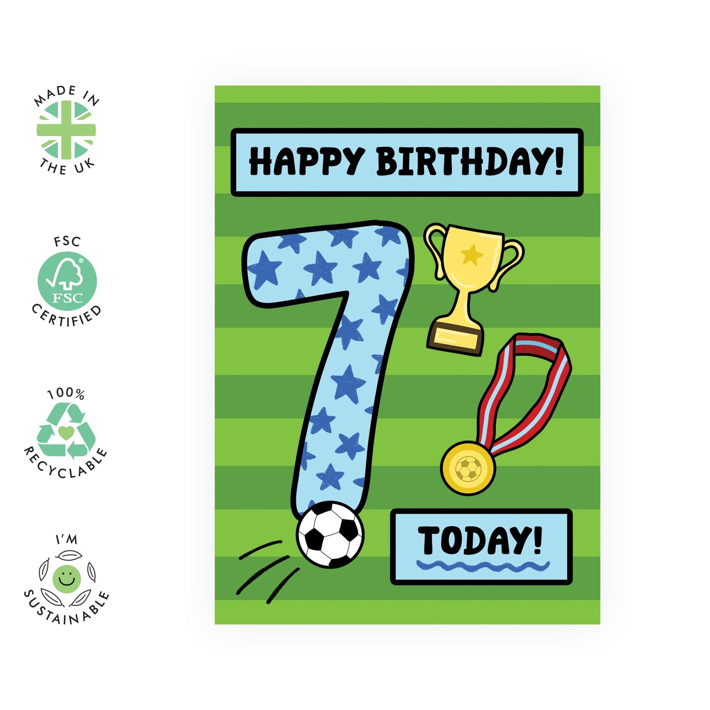 7th Birthday Card for Boys – Football Themed – Fun Gifts for Son, Nephew, Grandson, Him, Children, Cousin, Football Fan Boys -Seventh Bday Party - Trophy and Medal - Comes with Stickers