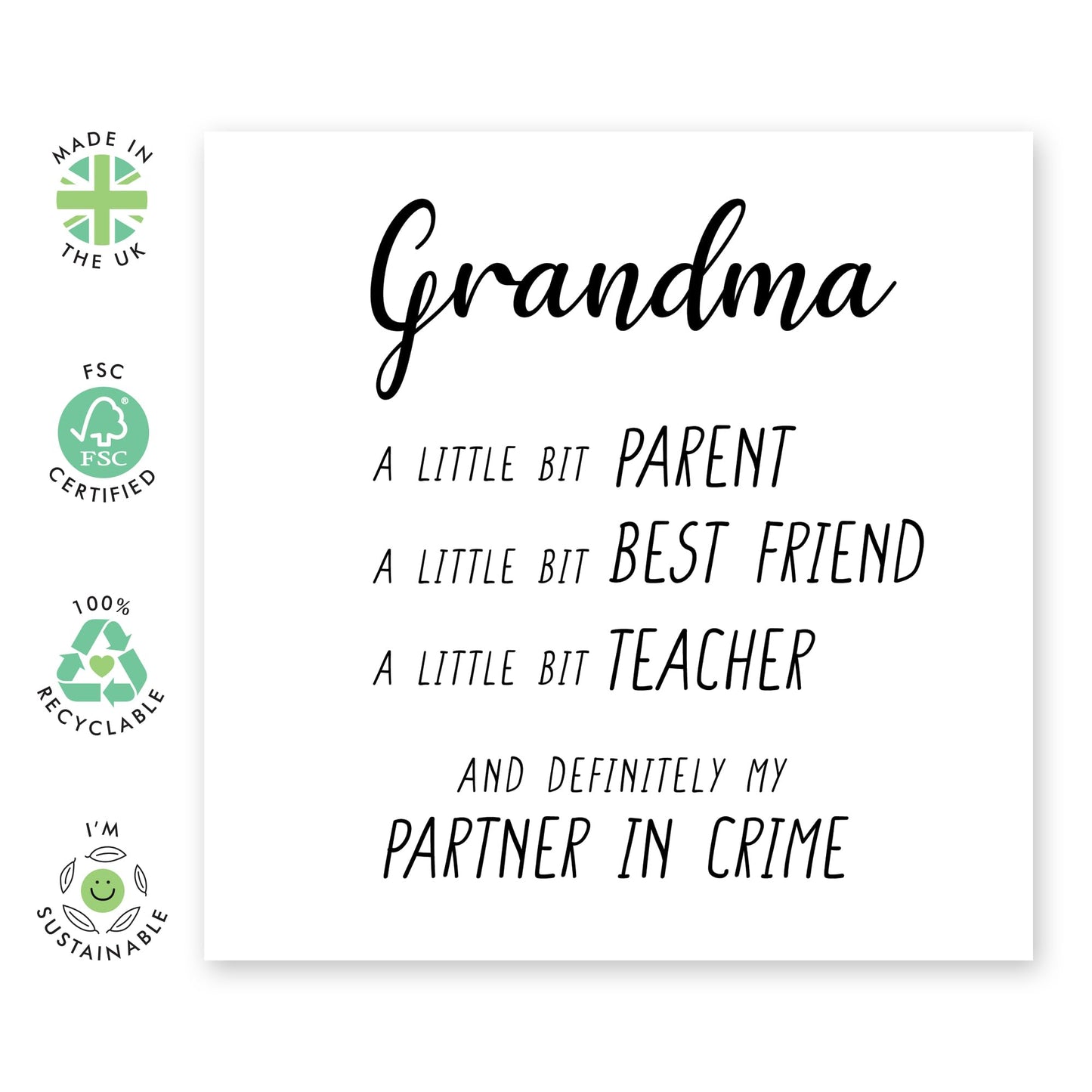 Greeting Card for Her - 'GRANDMA PARTNER IN CRIME' - Mischievous and Loving Granny, Nan, Grandmother, Nana, Women, Family from Grandson or Granddaughter - Mothers Day Card -Comes With Stickers