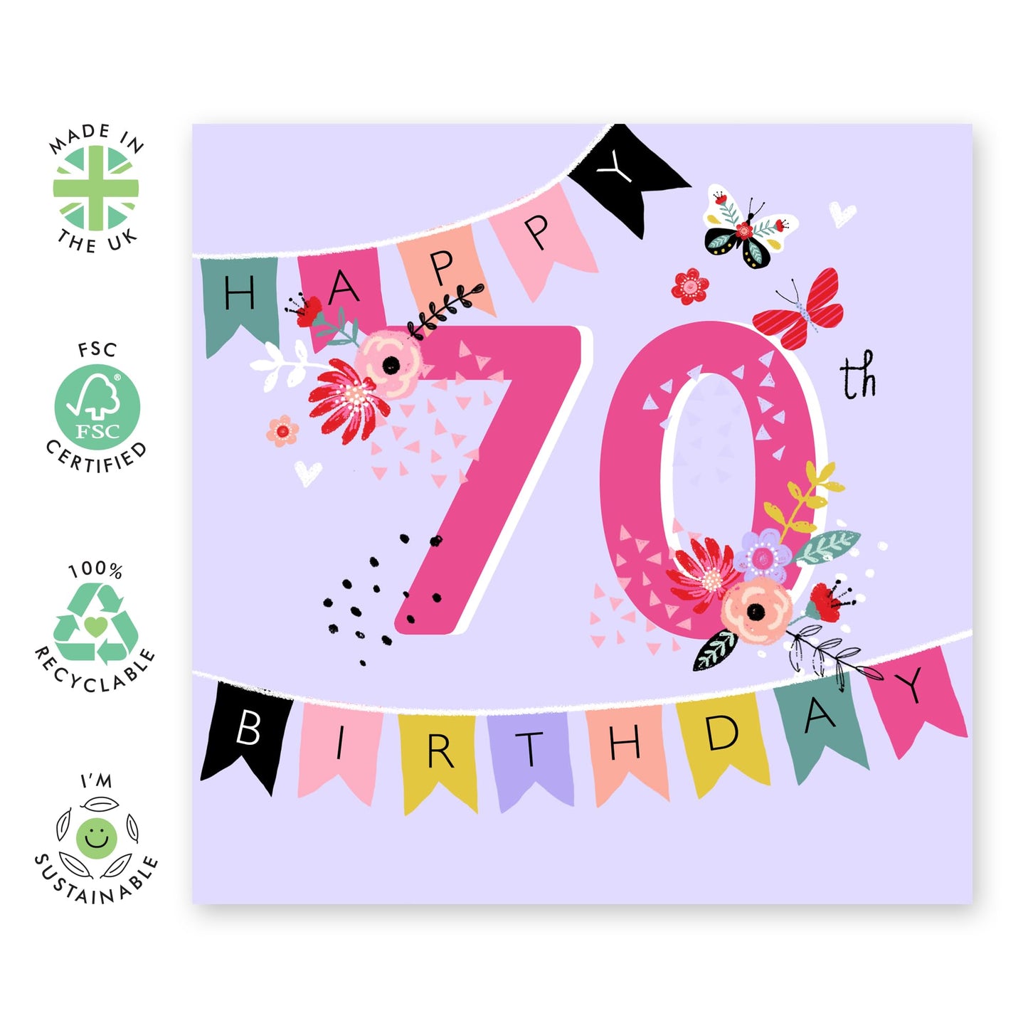 Birthday Card For Women 70th Birthday - Flowers Butterflies - Cute Birthday Cards For Her - 70 Year Old - Gift For Mum Nan Auntie - Friend Birthday Card - Comes With Stickers - By Central 23