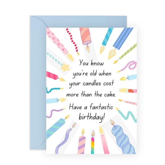 Humorous Birthday Card - 'CANDLES COST MORE THAN CAKE' - Celebrate with a Twist on Aging and Birthdays - Perfect for Adding a Fun Touch to a Special Day - Includes Envelope and Stickers by Central 23