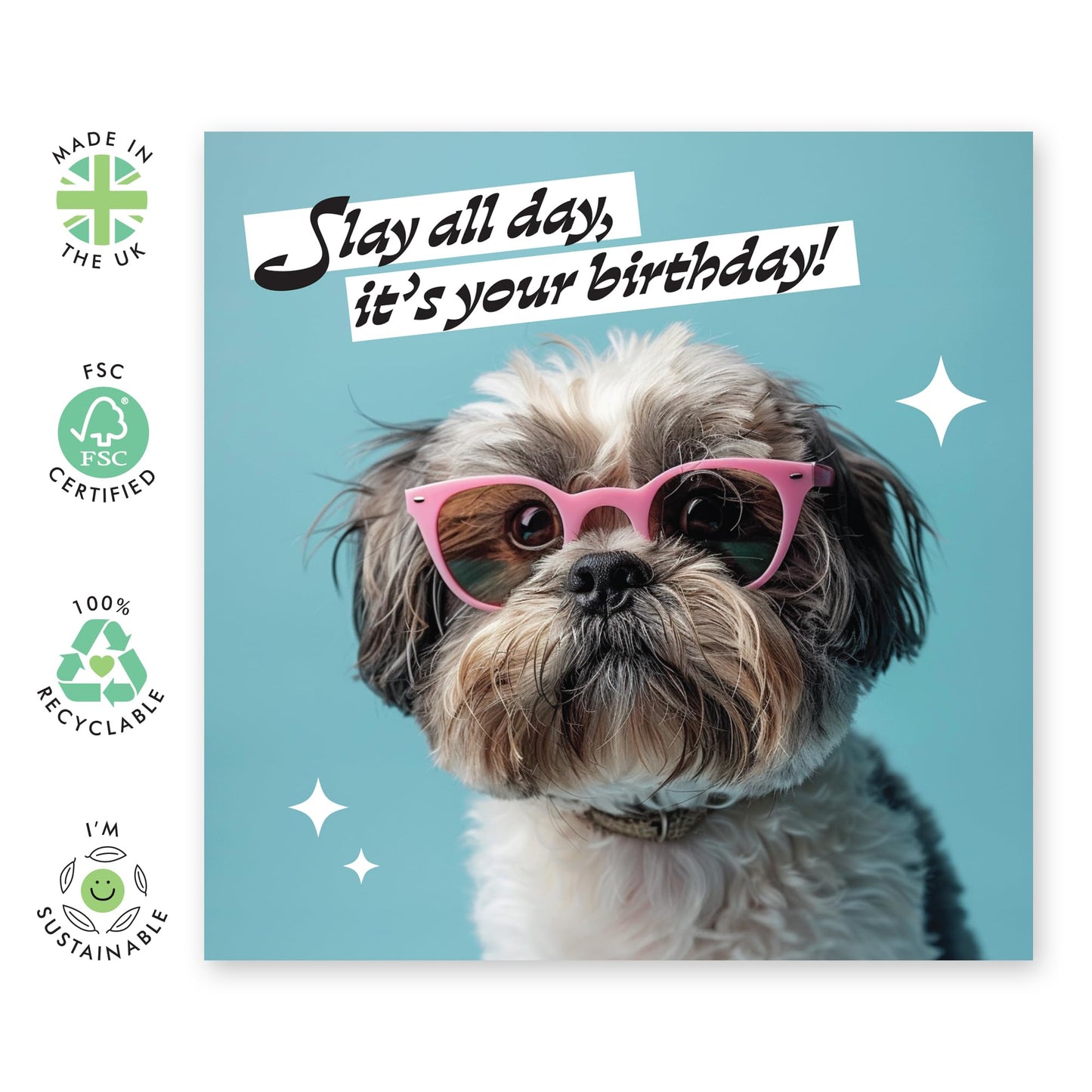 Cute Dog Saying Happy Birthday Card - 'Slay All Day' - For your Wife, Girlfriend, Bestfriend, BFF & Workmate - Let's get it on girl - Comes with Fun Stickers