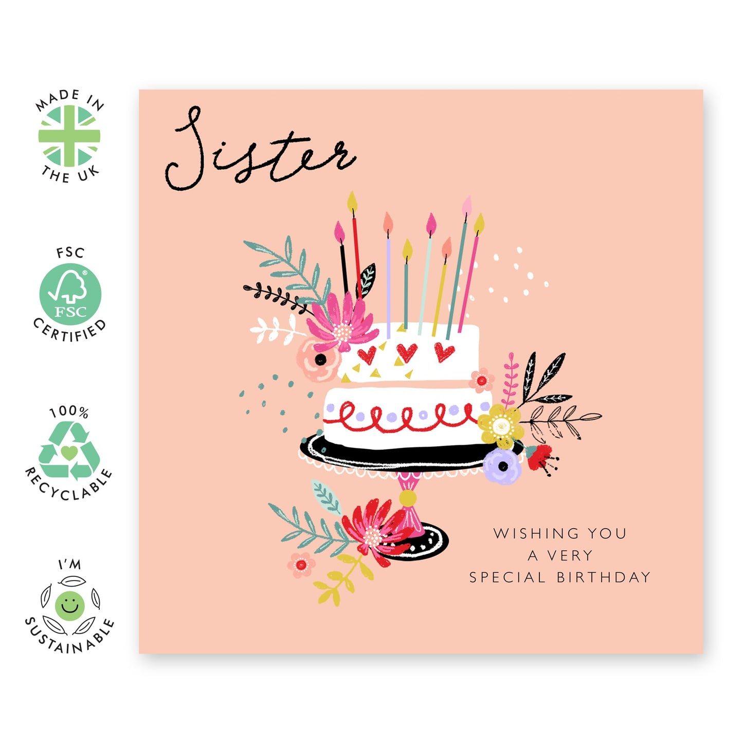 Sister Birthday Card For Her - Celebration Bday Cake - Sweet Heartfelt Gifts For Women - Elegant Greeting Cards Female Siblings - Floral Cards And Envelopes - Comes With Fun Stickers By Central 23