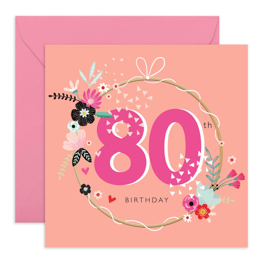 80th Birthday Card For Grandma - 80th Circle Florals - Grandmother Birthday Greeting Card - Gifts For Women - Happy Eightieth Birthday Cards For Grandmum - Comes With Fun Stickers By Central 23