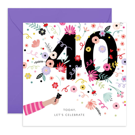 40th Birthday Card For Wife - 40 Floral Confetti - Floral Birthday Card Mum Mummy - Bday Card For Aunt - Happy Fortieth Birthday Greeting Card Female Friends - Comes With Stickers By Central 23