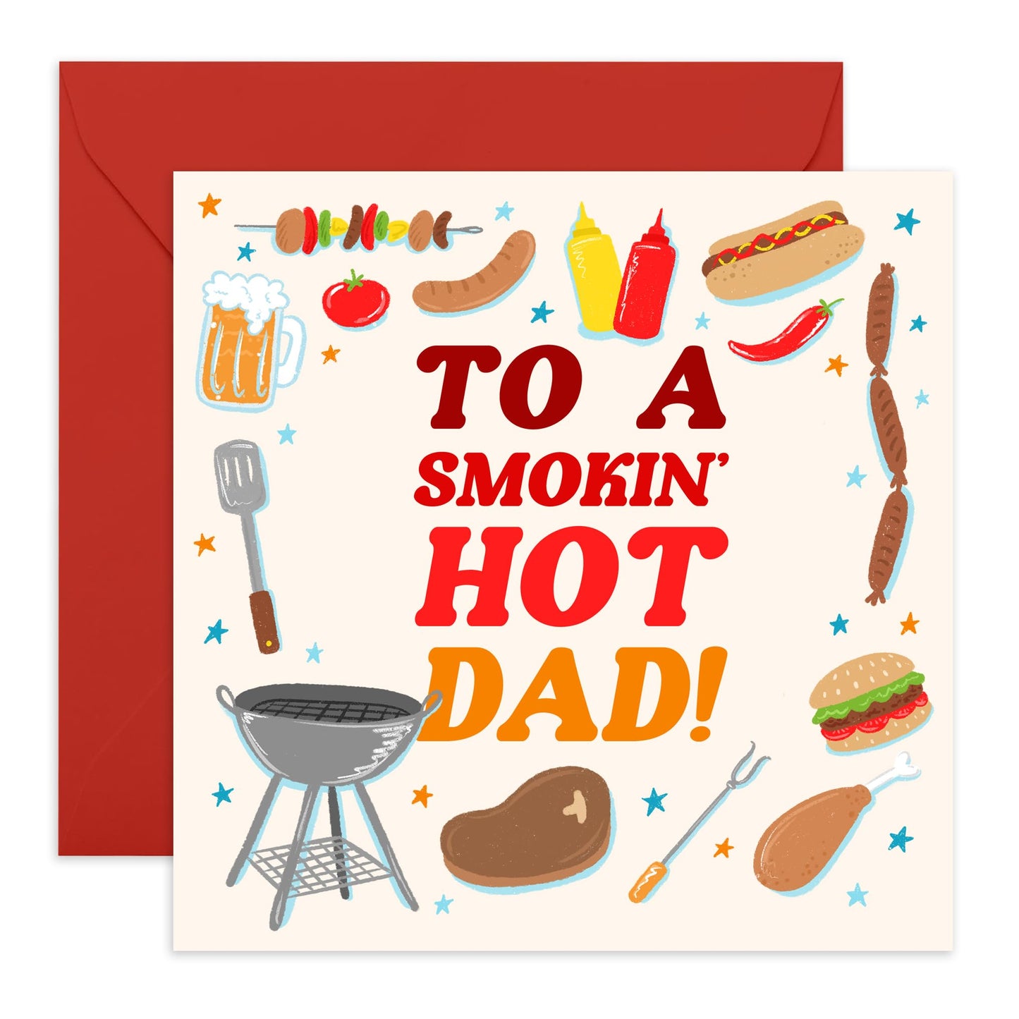 Funny Birthday Card For Men - Smokin Hot Dad BBQ - Humorous Greeting Cards For Him - Father’s Day Card For Step Dad Daddy Papa - Comes With Stickers - By Central 23