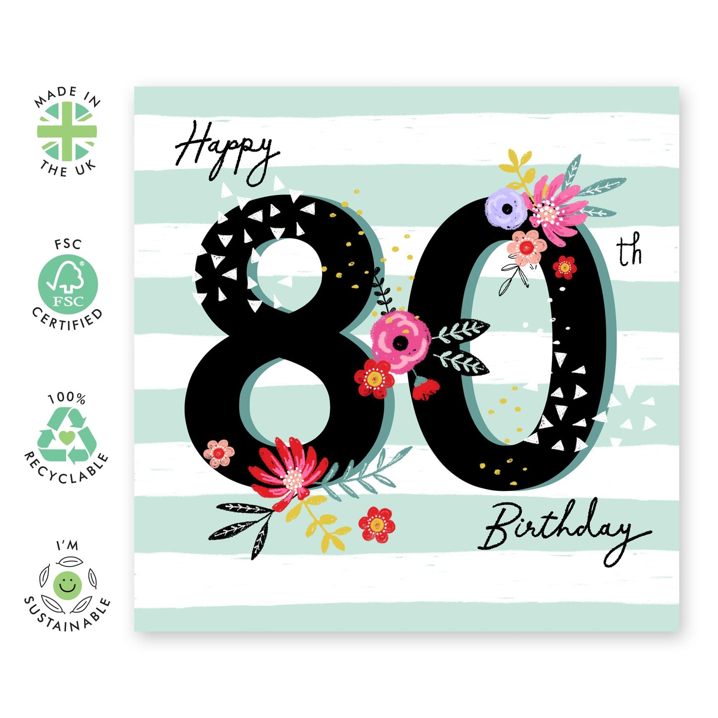 80th Birthday Card Women - 80th Birthday Floral Striped Background - Grandmother Birthday Greeting Card - Birthday Card - Happy Eightieth Birthday Card Grandma - Comes With Fun Stickers By Central 23