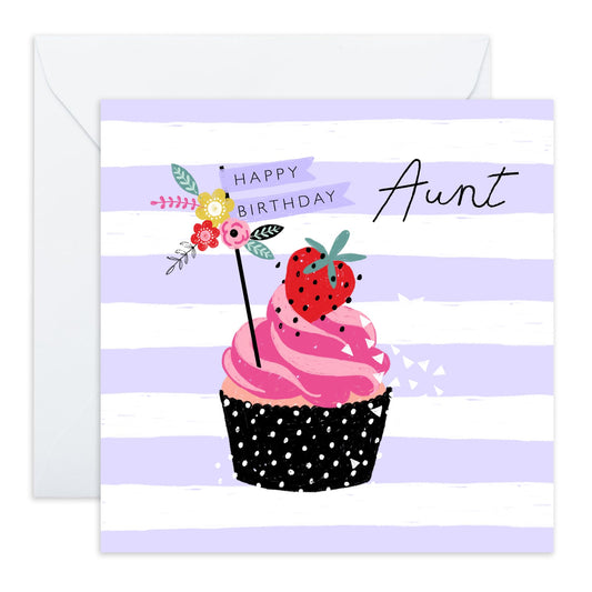 Aunt Birthday Card - Aunt Cupcake Lilac Stripe - Gift From Niece Nephew - Happy Birthday Aunty Greeting Card - Greeting Card Her - Heartfelt Gifts Women Tia - Comes With Fun Stickers - By Central 23