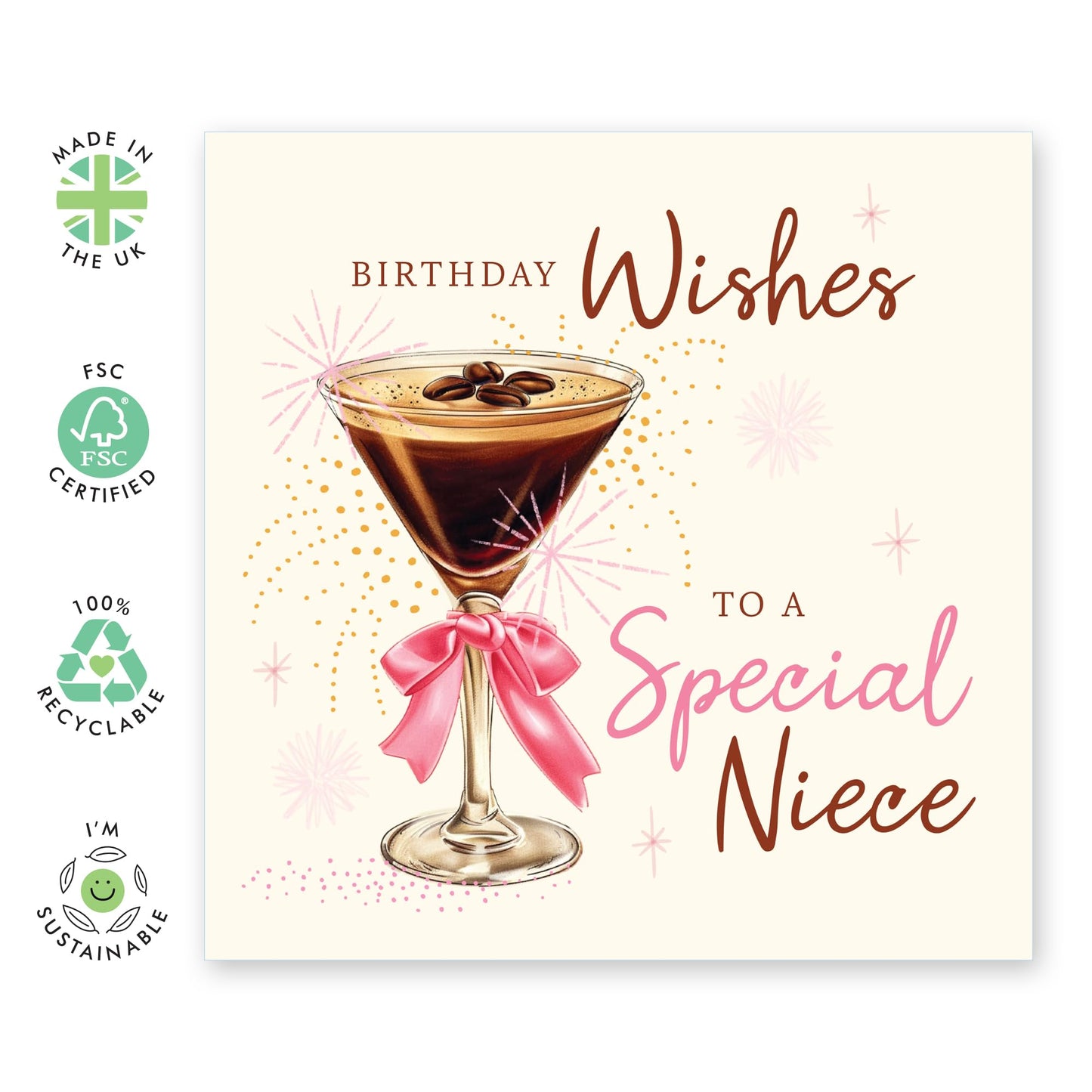 Cheers Birthday Card - 'Lovely Niece Birthday' - Presents for Relatives, Family, Her from Uncle or Auntie - Wine Glass - Comes with Fun Stickers