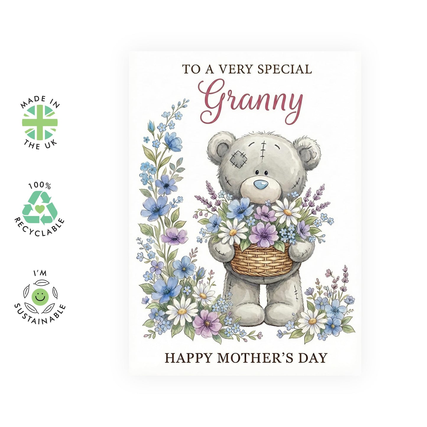 Cute Mother’s Day Card – Granny Teddy Bear Floral Basket for Her Grandmother Grandma Her Women Seniors From Grandson Granddaughter – Blue Watercolour Keepsake Greeting -Comes with Stickers