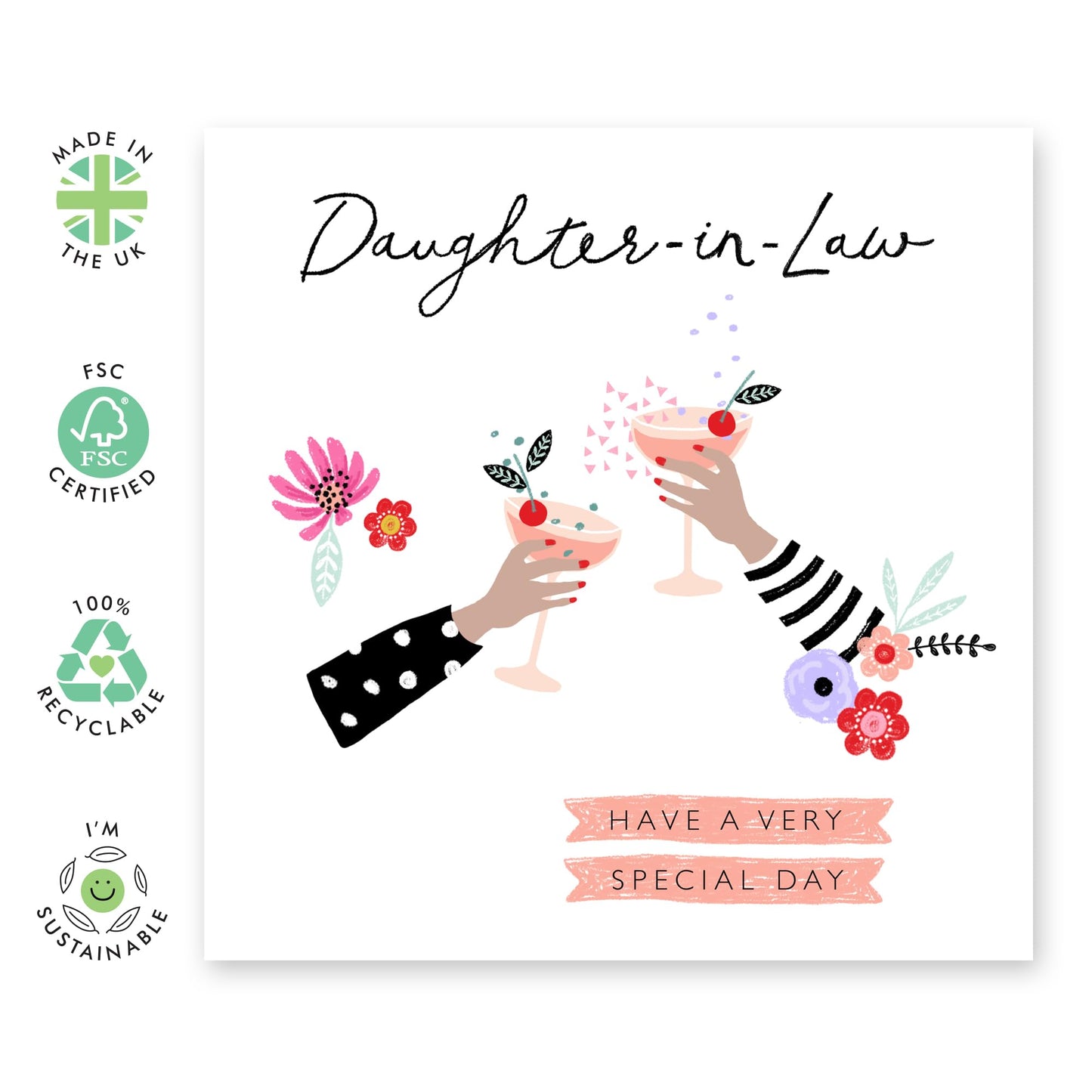 Daughter In Law Birthday Card - Cheers Cocktail Drinks! - Congratulations Celebration Greeting Card For Women - Gifts For Her Female - Comes With Cute Stickers - By Central 23