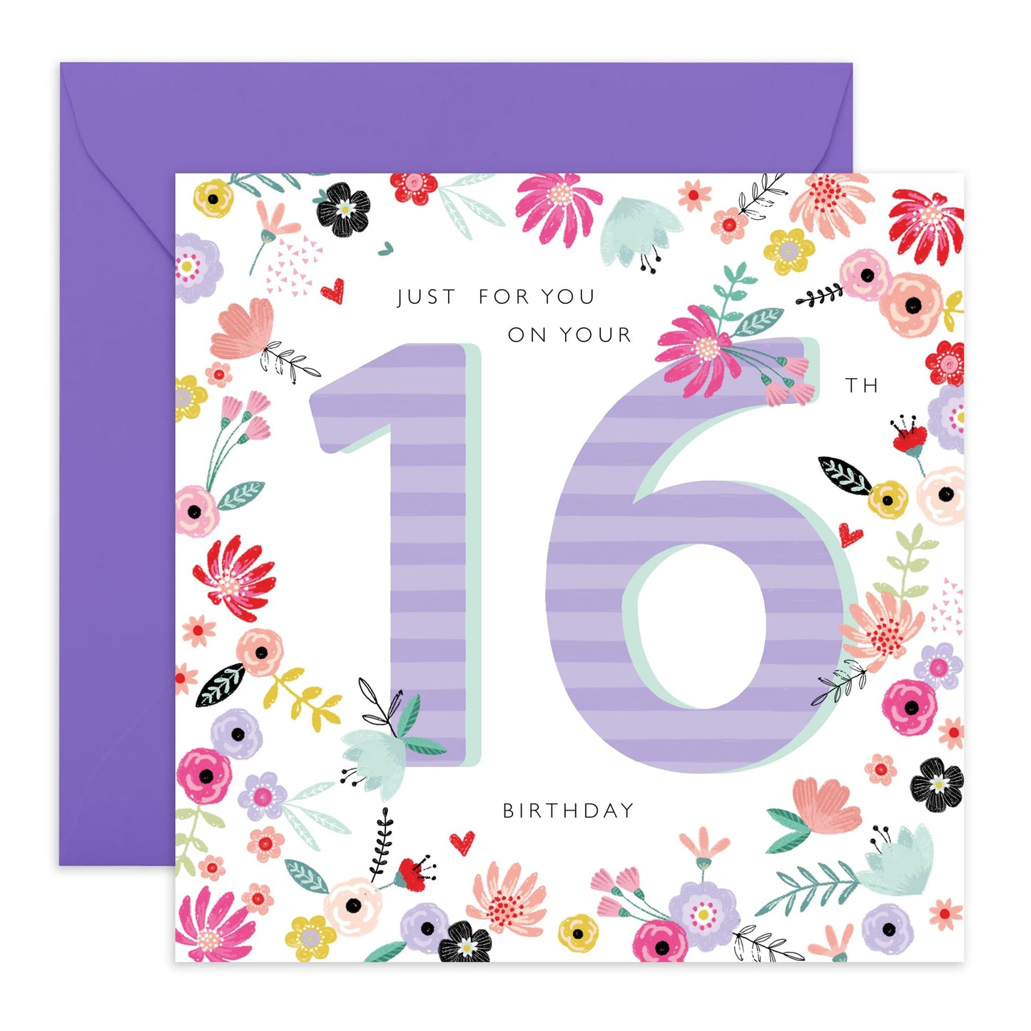 16th Birthday Cards For Kid - Just For You 16th Birthday - Happy Birthday Card For Daughter Granddaughter Niece - Floral Card - Girl Birthday Card Sixteen Year Old - Comes With Stickers By Central 23