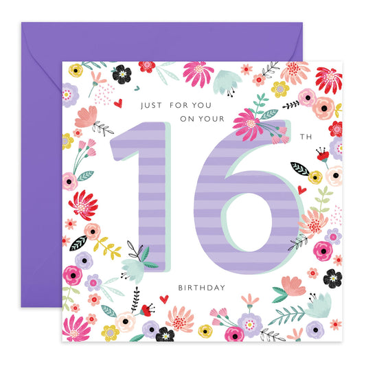 16th Birthday Cards For Kid - Just For You 16th Birthday - Happy Birthday Card For Daughter Granddaughter Niece - Floral Card - Girl Birthday Card Sixteen Year Old - Comes With Stickers By Central 23