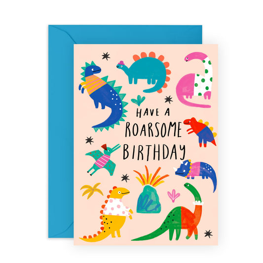 Dinosaurs Birthday Card - 'Dino Roarsome Birthday' - Gifts for Boys, Girls, Son, Daughter, Sister, Brother, Children, Kids - Kinds of Dinos - Comes with Fun Stickers