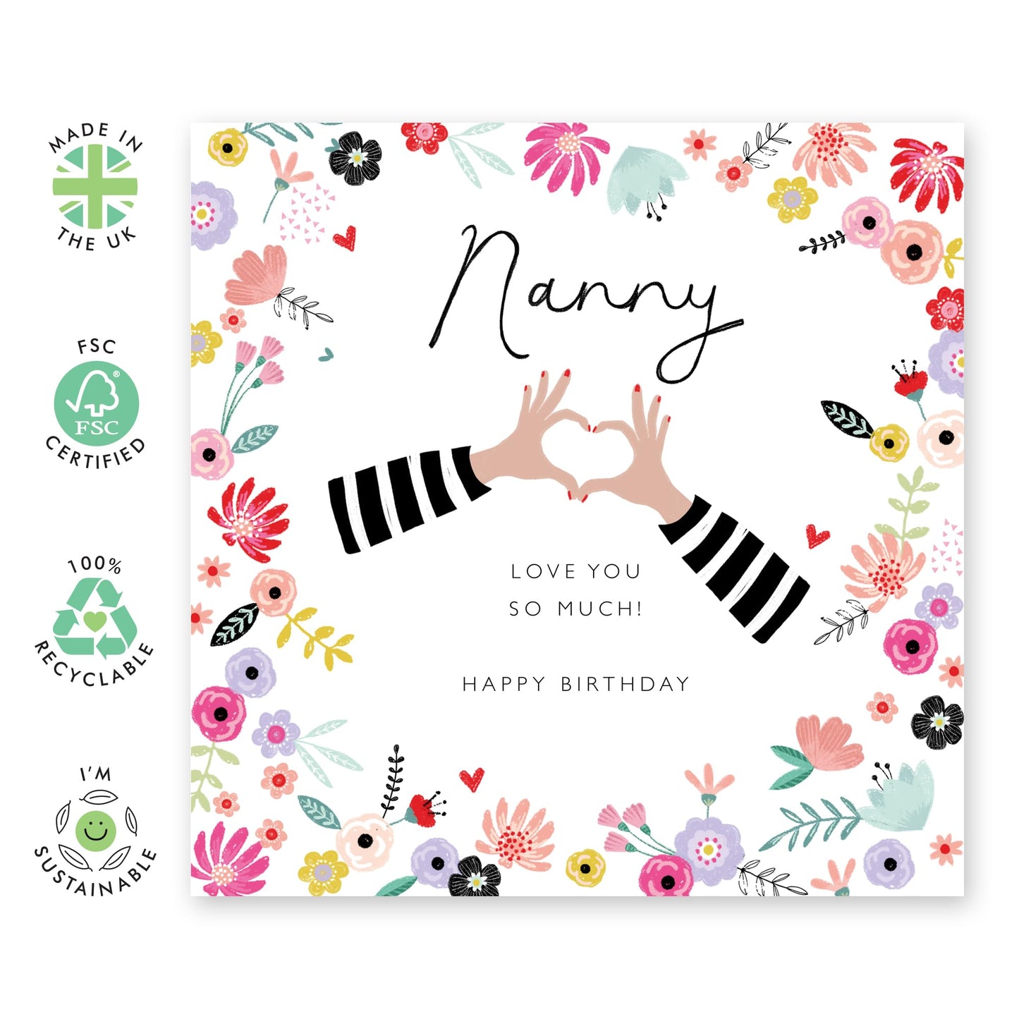 Nanny Birthday Cards Floral - Heart Hands And Flowers Love You So Much - Sweet Birthday Greeting Cards For Grandmother Nana Nan - Grandma Gifts For Her Women - Comes With Stickers - By Central 23