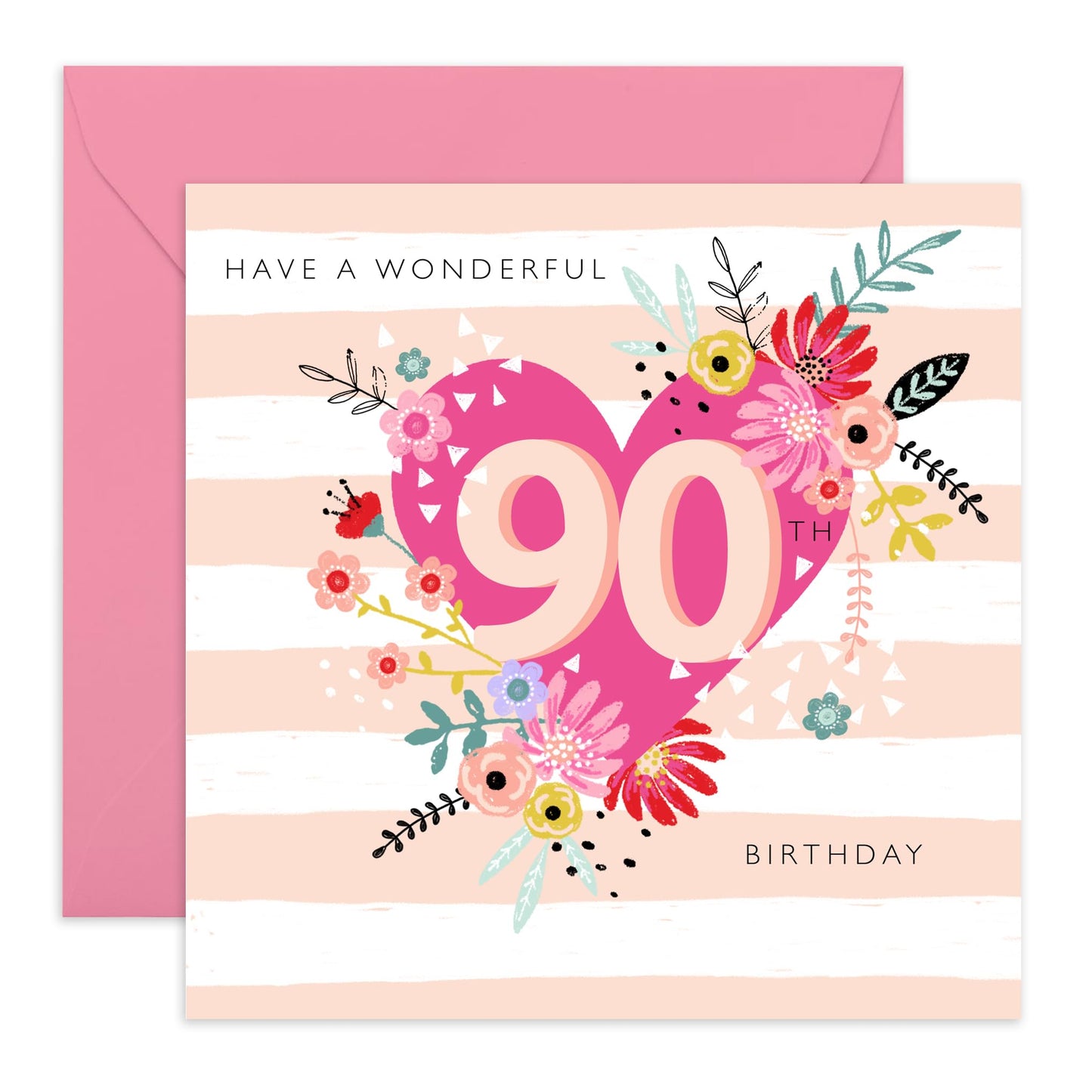 Happy 90th Birthday Card For Grandma - Nan Birthday Card Age Ninety - Pretty Hearts Flowers - Gifts For Women Nan Wife - Elegant Floral Milestone Cards - Comes With Cute Stickers By Central 23