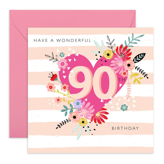 Happy 90th Birthday Card For Grandma - Nan Birthday Card Age Ninety - Pretty Hearts Flowers - Gifts For Women Nan Wife - Elegant Floral Milestone Cards - Comes With Cute Stickers By Central 23