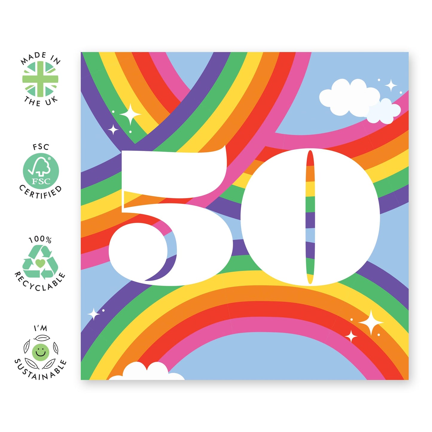 50th Birthday Card Women Men - Rainbow Sky 50 - Sweet Birthday Card - Wife Husband - Brother Sister - Rainbow - Happy Fiftieth Birthday Greeting Card Friend - Comes With Fun Stickers - By Central 23