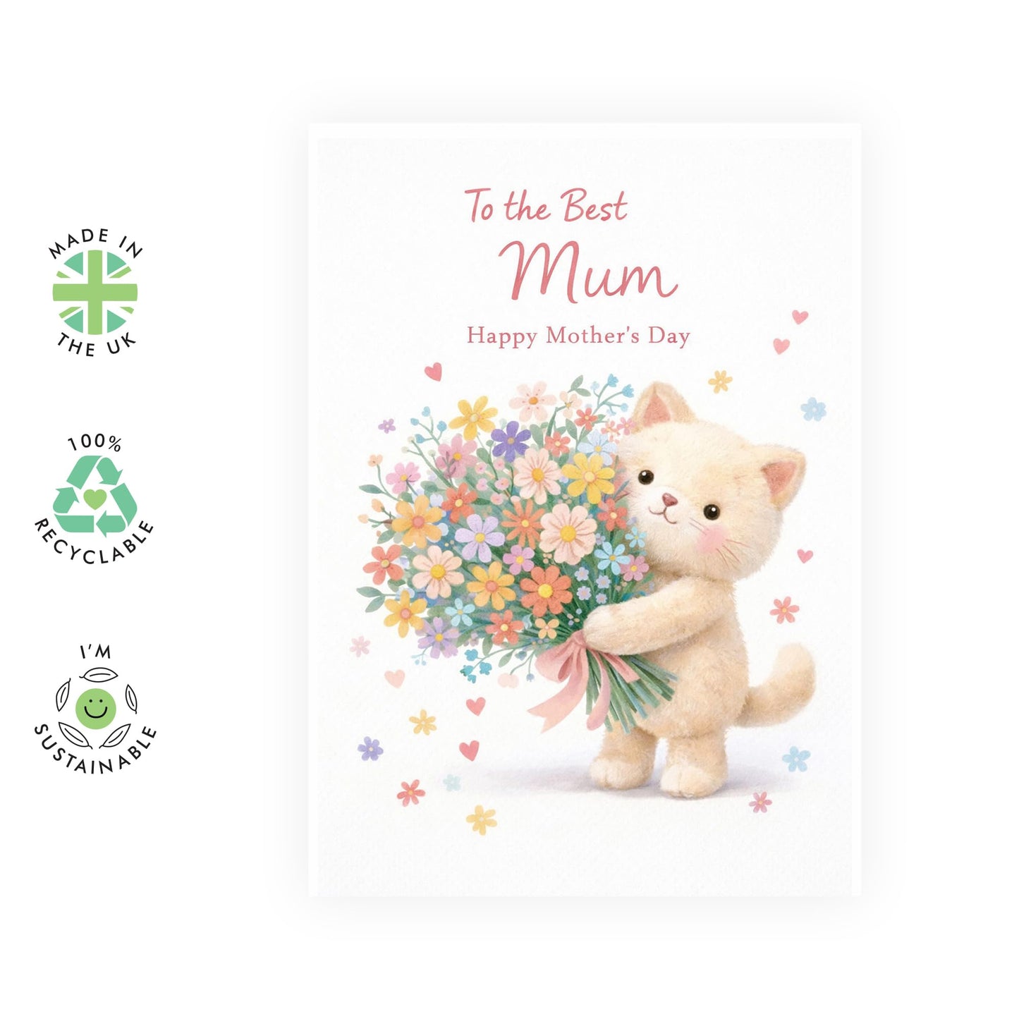 Cute Mother’s Day Card – Kitten With Flowers - Greetings for Cat Lovers Fur Mum Mama Mums Mummy Her Ladies Mother In Law from Daughter Son From Kids Husband Partner – Comes with Sweet Stickers