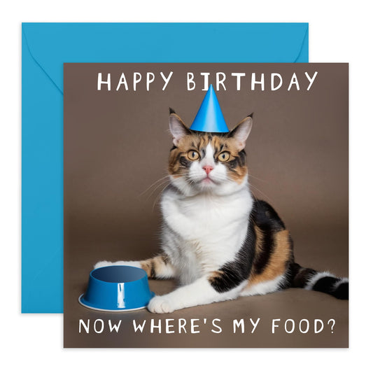 Funny Cat Birthday Card - 'Where's My Food' - Jokes for Friends, Coworkers, Bruv, Mate, BFFs, Besties, Buddies - Hungry Cat - Comes with Fun Stickers