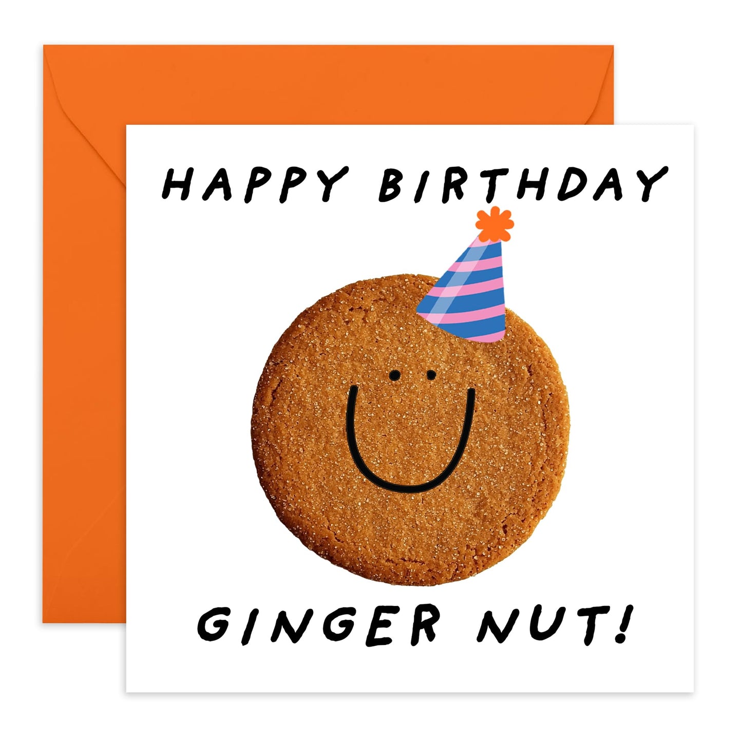 Smiling Happy Birthday Card - 'Ginger Nut' - Gifts for Friend, Colleagues, Coworker, Brother, Sister - Party Hat - Comes with Fun Stickers
