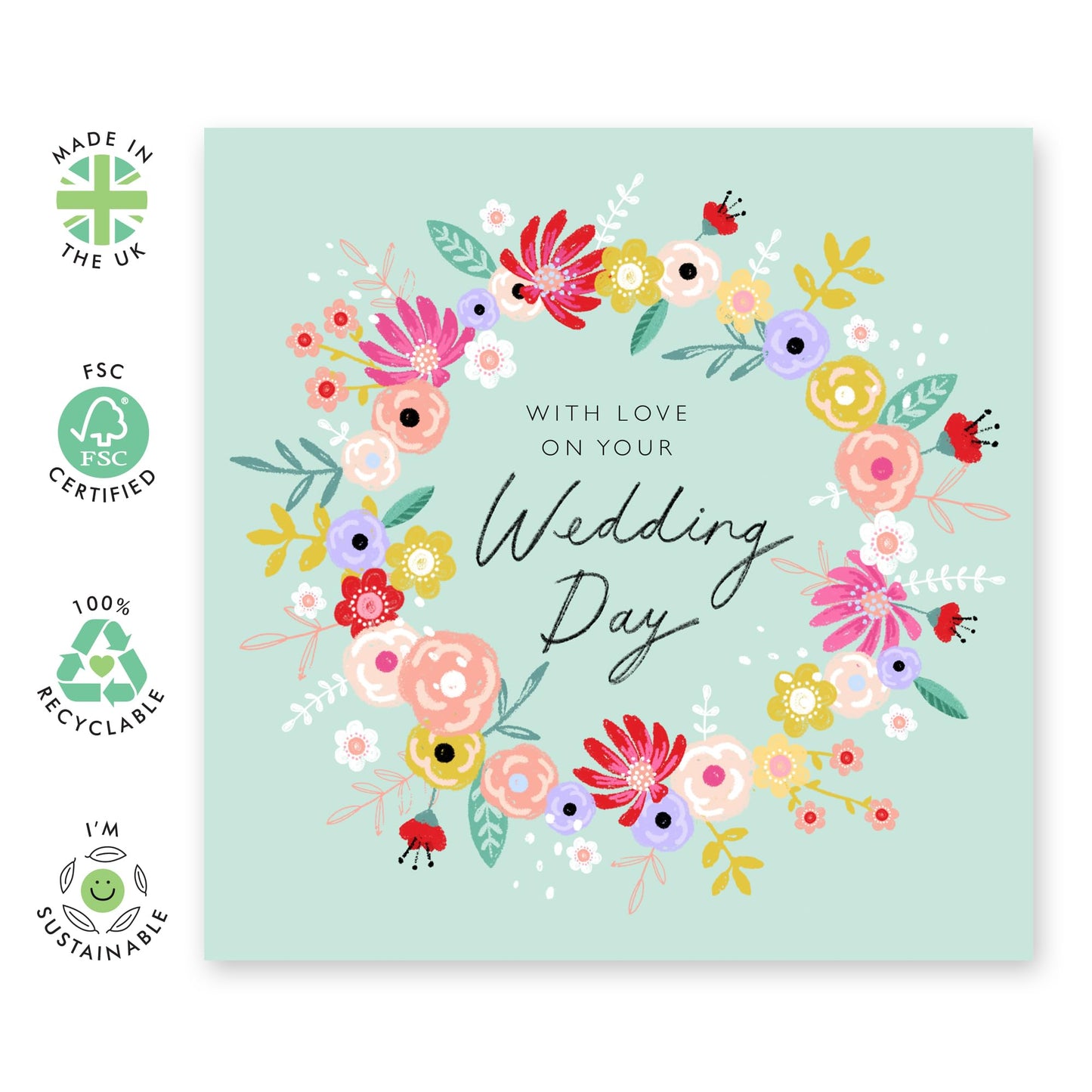 Wedding Cards For Bride And Groom - Floral Wreath Wedding Day - Congratulations Card Men Women Son Daughter - Best Wishes Gift For Him Her - Comes With Stickers By Central 23