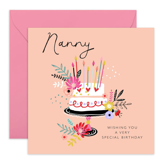 Birthday Cards For Nanny - Cakes Flowers - Floral Grandma Gifts Presents For Her - Greeting Cards For Women Nana Grandmother - Comes With Fun Stickers - By Central 23