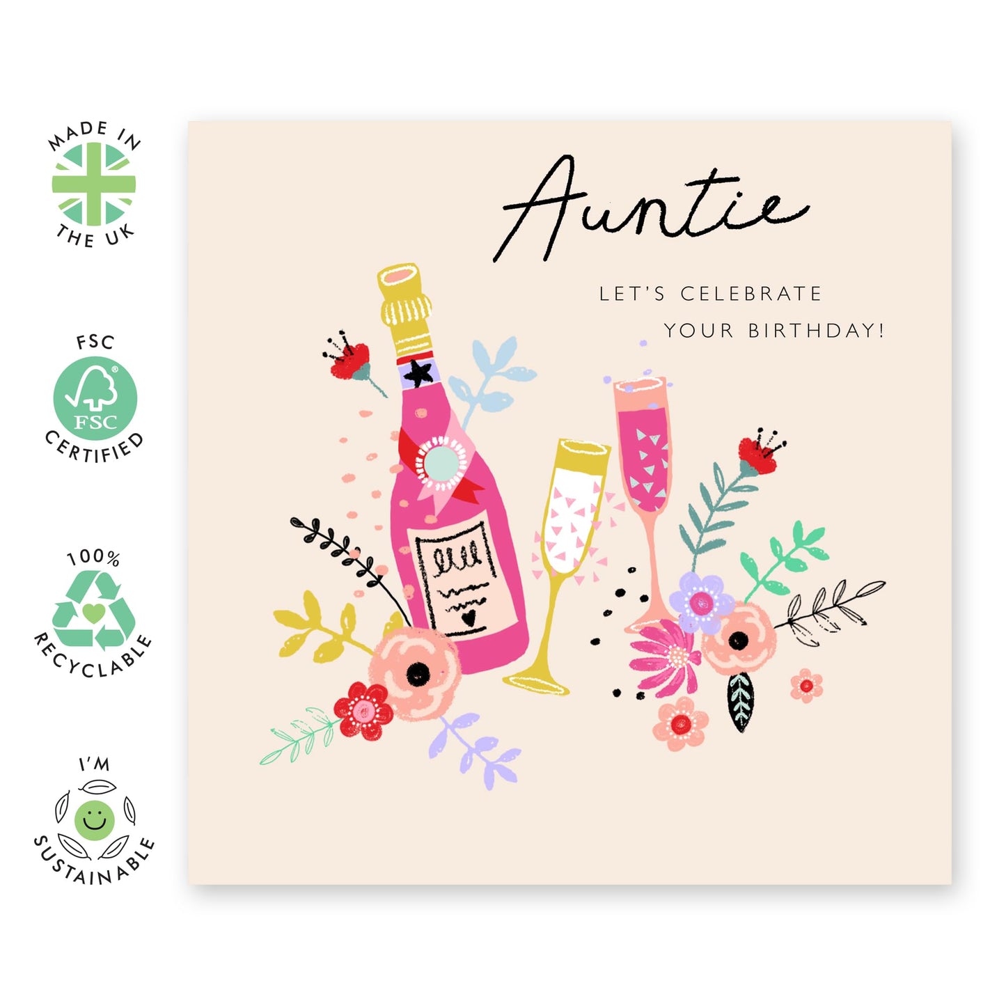 Auntie Birthday Card - Champagne Celebrate Flowers - Elegant Celebration Card For Aunt - Happy Birthday Card For Her Women Tia Aunty - Comes With Stickers By Central 23