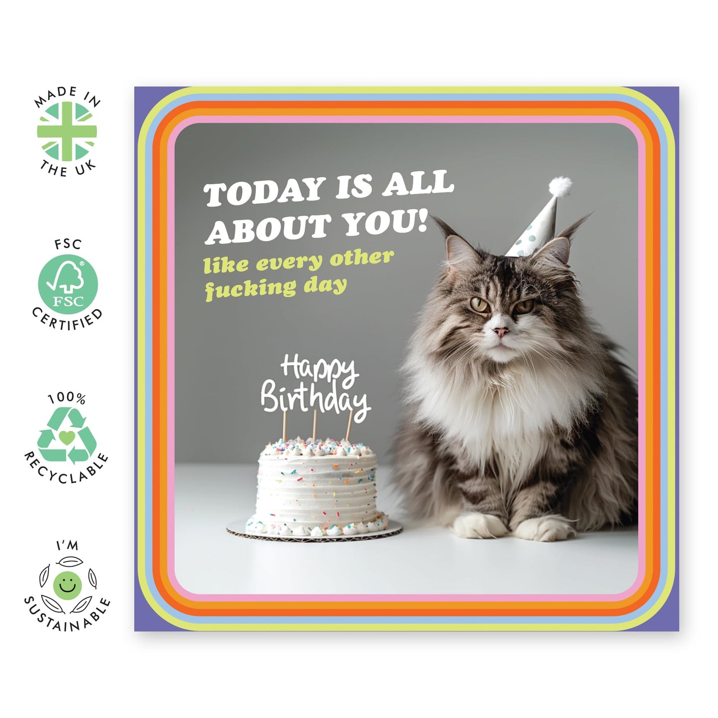 Cute and Funny Birthday Card - 'Today is All About You' - Perfect Card for Fur Parents, Cat lovers, Fur Mum, Best friends & BFF - Fluffy and Cute Cat Staring - Comes with Fun Stickers