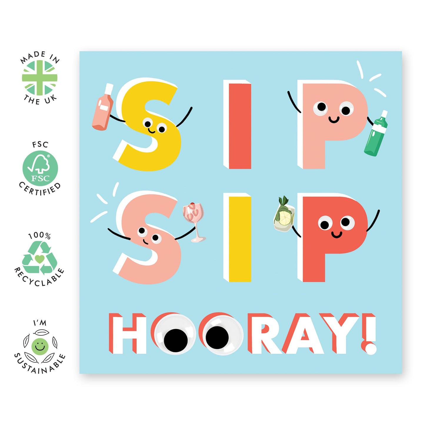 Happy Birthday Card Girls And Boys - Sip Sip Hooray - Drinks - Sweet Greeting Cards For Son Daughter - Birthday Card For Nephew Niece - Comes With Stickers By Central