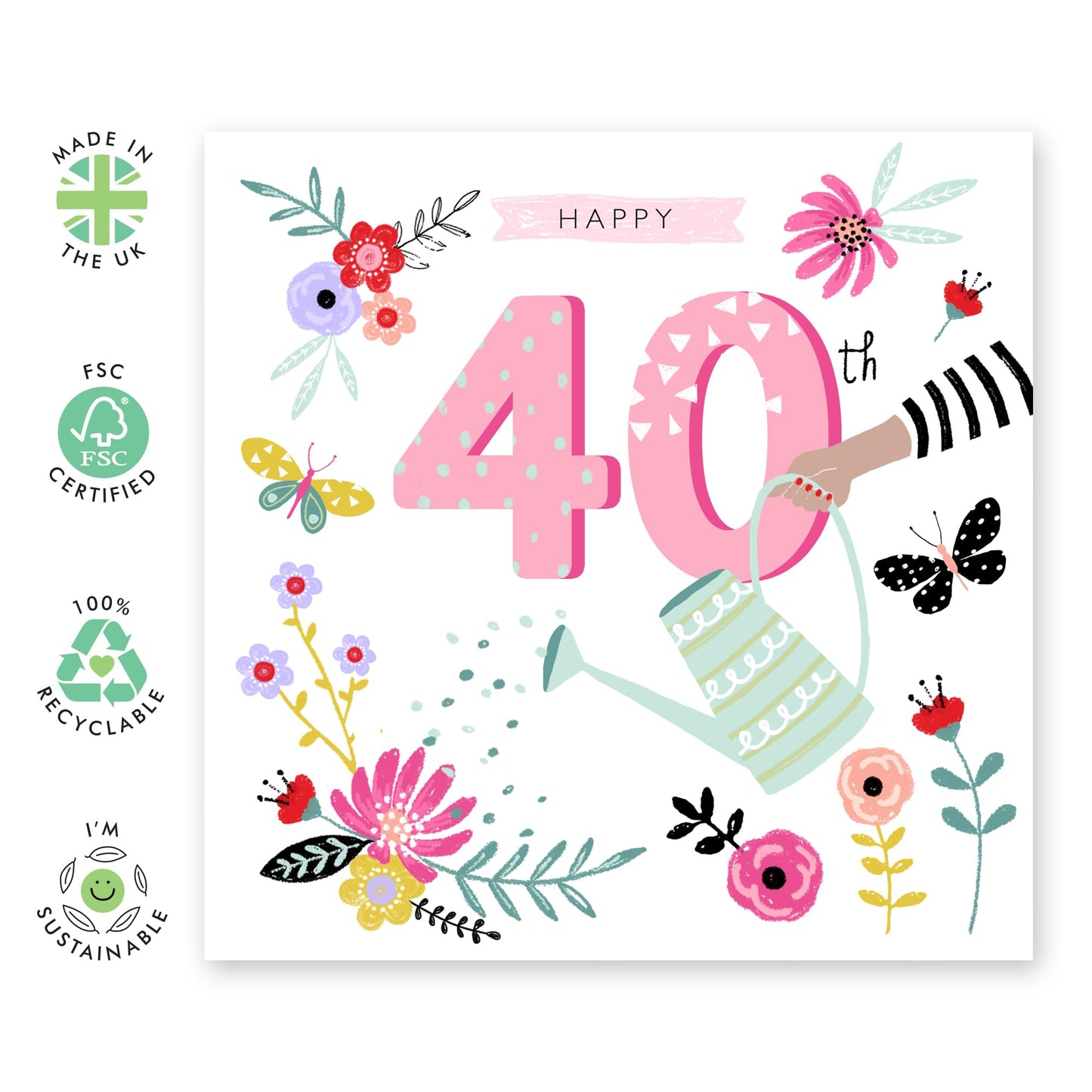 40th Birthday Cards For Women - Happy 40th Birthday Watering Can - Fortieth Floral Greeting Cards - Milestone Age Cards Forty Year Old - Gifts For Sister Friends - Comes With Stickers By Central 23