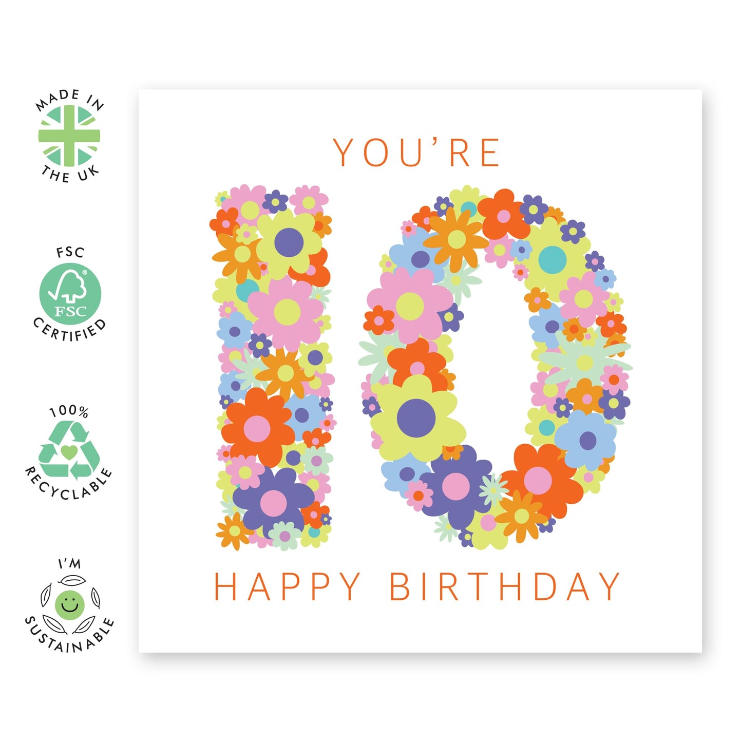 Girl Birthday Card Age 10 - Floral Rainbow Age 10 - Happy Birthday Card Kids Ten Years Old - 10th Bday - Gifts For Daughter Granddaughter Sister Niece - Comes With Fun Stickers - By Central 23
