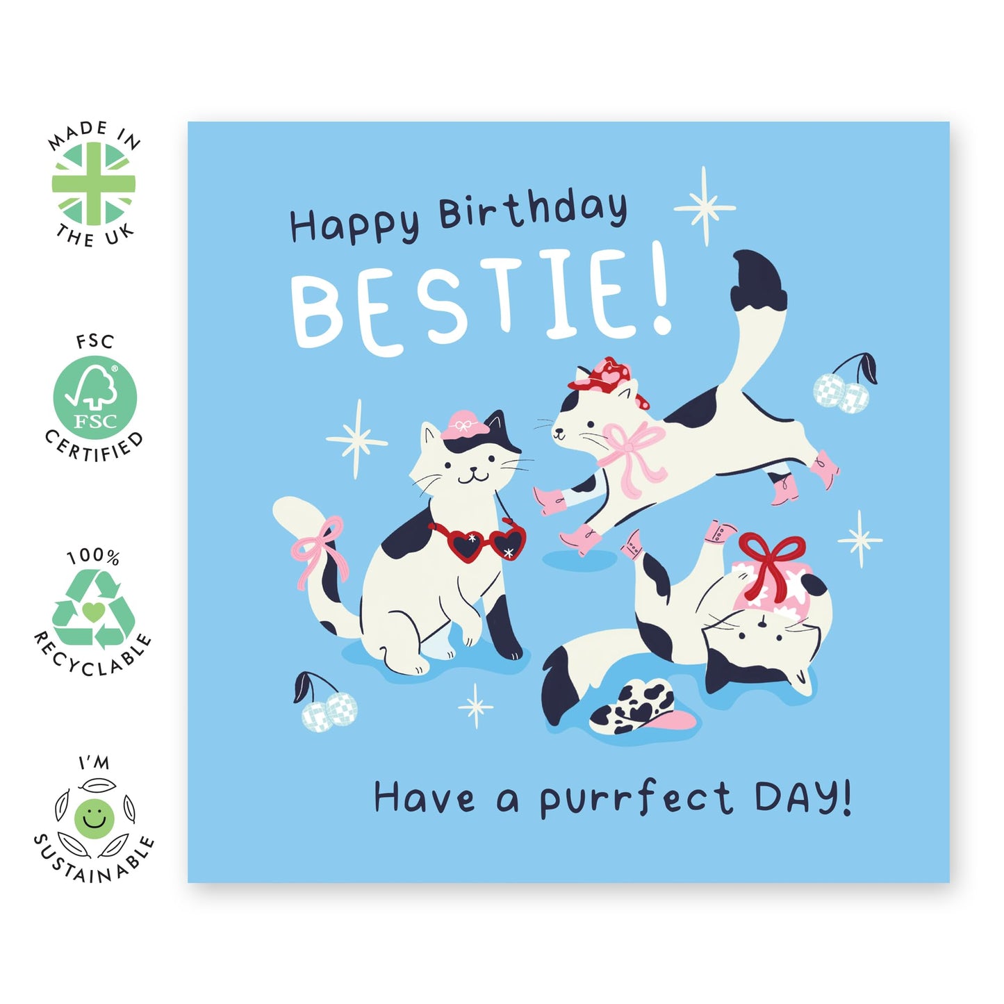Adorable Cats Birthday Card - 'Purrfect Cat Bestie' - Gifts for Best Friends, BFF, Girlfriends, Partner, Gals, Colleagues - Meows - Comes with Fun Stickers