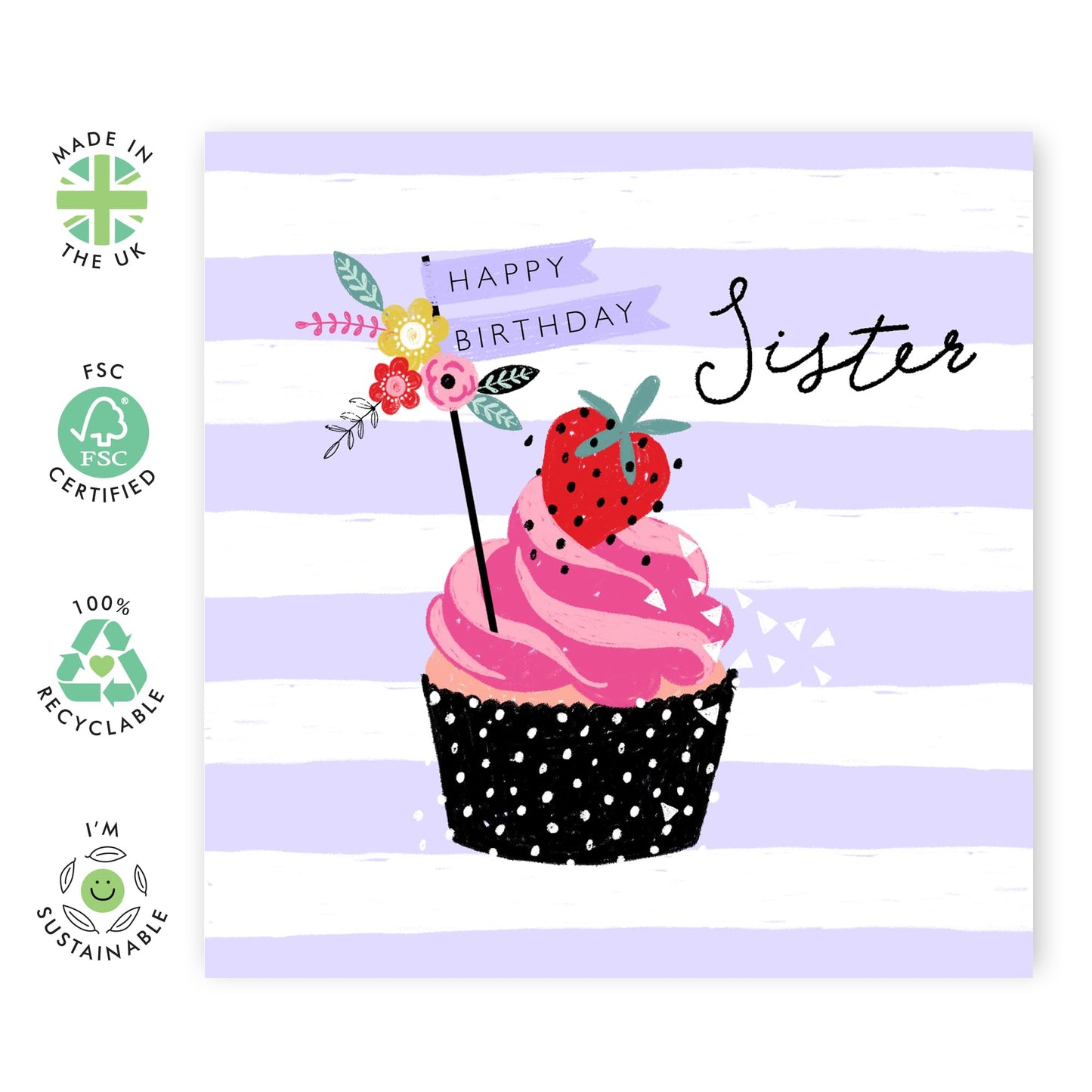 Purple Birthday Cards For Sister - Happy Birthday Cards For Women - Pretty Flower Gifts Presents For Her Women Female - Cupcakes Stripes Quirky - Comes With Stickers By Central 23