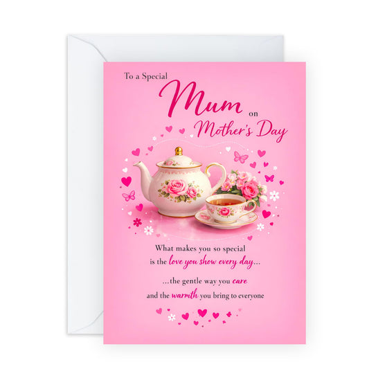 Appreciation Mother’s Day Card – Pink Teapot Floral Design for Mama Mums Mummy Her Women From Son Daughter Family – Greetings, Love Everyday, Gentle Care and Warmth -Comes with Sweet Stickers