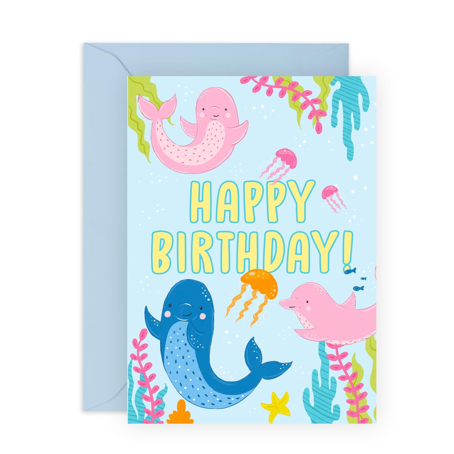 Happy Birthday Card Kids - Cute Dolphins Pink Blue Green - Girl Birthday Card - Boy Birthday Card - Gifts For Granddaughter Son Godson Niece Nephew - Comes With Fun Stickers By Central 23