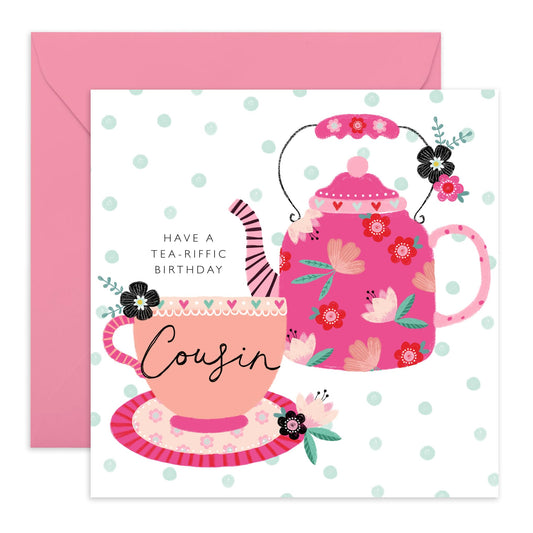 Pink Birthday Cards For Women - Teacup Floral - Cousin Birthday Cards For Ladies Female Her - Gifts For Cousins - Comes With Fun Stickers - By Central 23