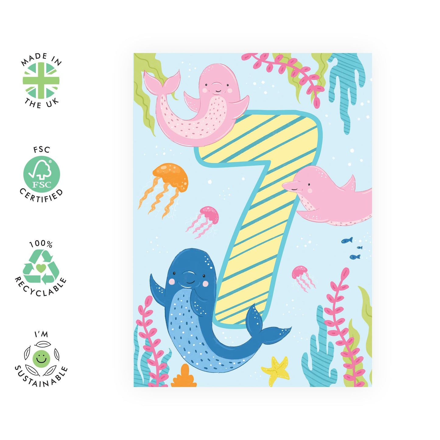 7th Birthday Card Girl Boy - Cute Dolphins Pink Blue Green - Seventh Birthday Card - Milestone Kids Age Card - Seven Year Old Gifts For Toddler - Comes With Fun Stickers By Central 23
