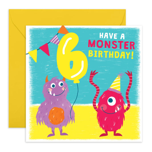 6th Birthday Card Boy Girls - Party Monsters - Happy Birthday Card For Kids - Sixth Bday Milestone Gifts For Son Daughter Nephew Niece Grandson - Age Six - Comes With Stickers By Central 23