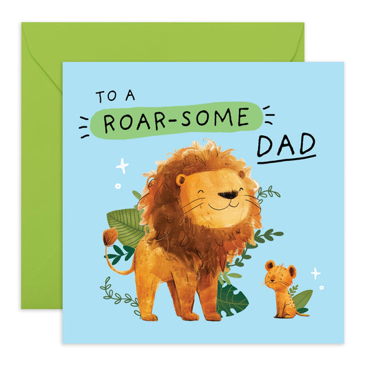 Dad Birthday Cards - Roar-some Dad Lion - Cute Fathers Day Card For Daddy Papa Step Father - Dad Gifts From Daughter Or Son - Gifts For Husband - Comes With Stickers - By Central 23