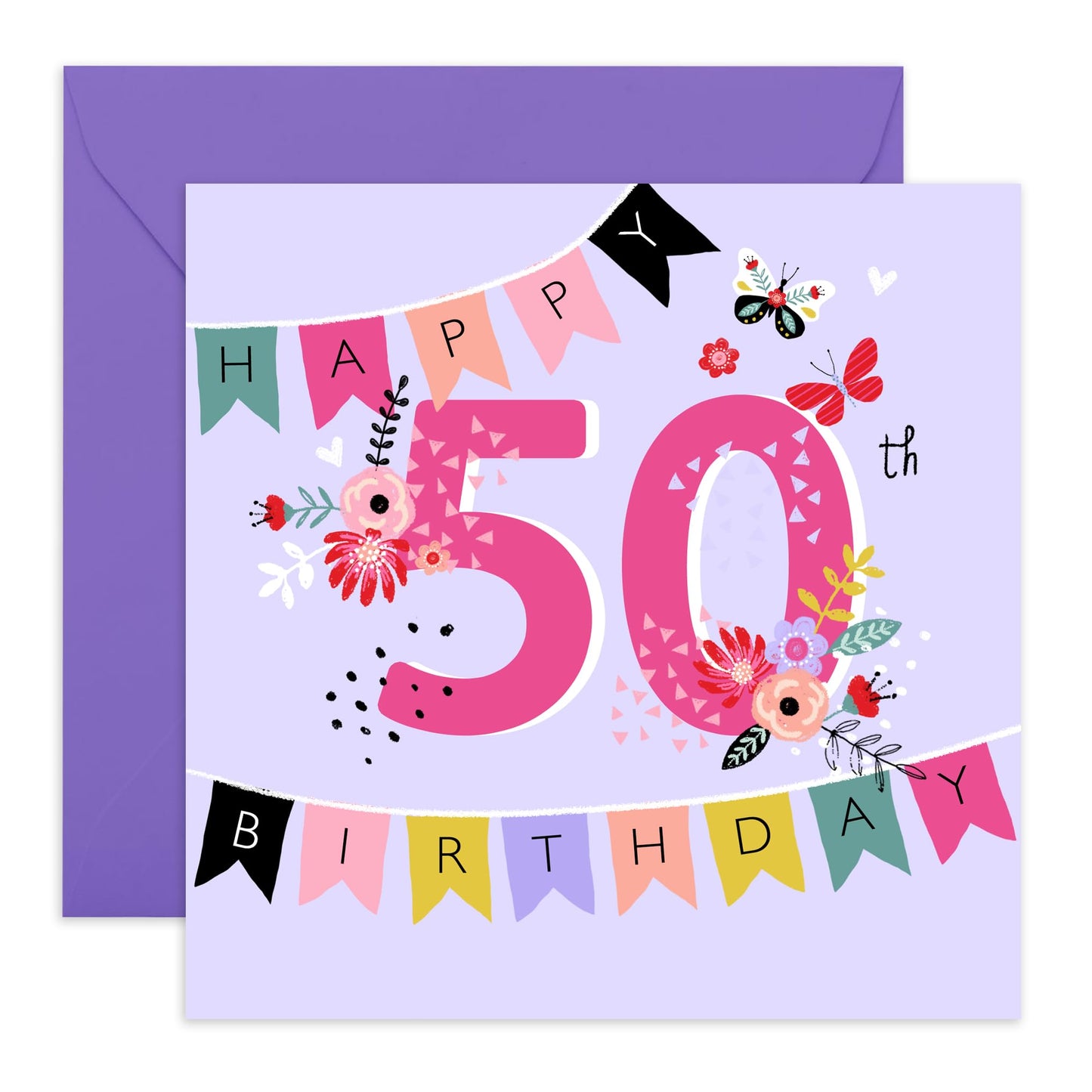 50th Birthday Card For Mummy - Birthday 50th Banner - Floral Birthday Card - Happy Fiftieth Birthday Greeting Card Wife Mum - Gifts For Aunt - Female Friends - Comes With Fun Stickers By Central 23