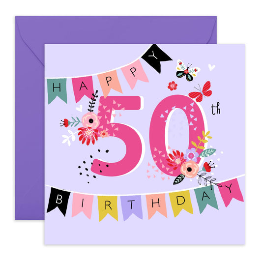 50th Birthday Card For Mummy - Birthday 50th Banner - Floral Birthday Card - Happy Fiftieth Birthday Greeting Card Wife Mum - Gifts For Aunt - Female Friends - Comes With Fun Stickers By Central 23