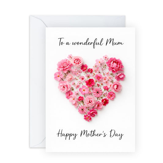 Thoughtful Mother’s Day Card – Pink Flowers Heart - Floral Greeting for Mum Mama Mummy Wife Sister Grandma Aunt Her Women From Son Daughter Family – Comes with Sweet Stickers