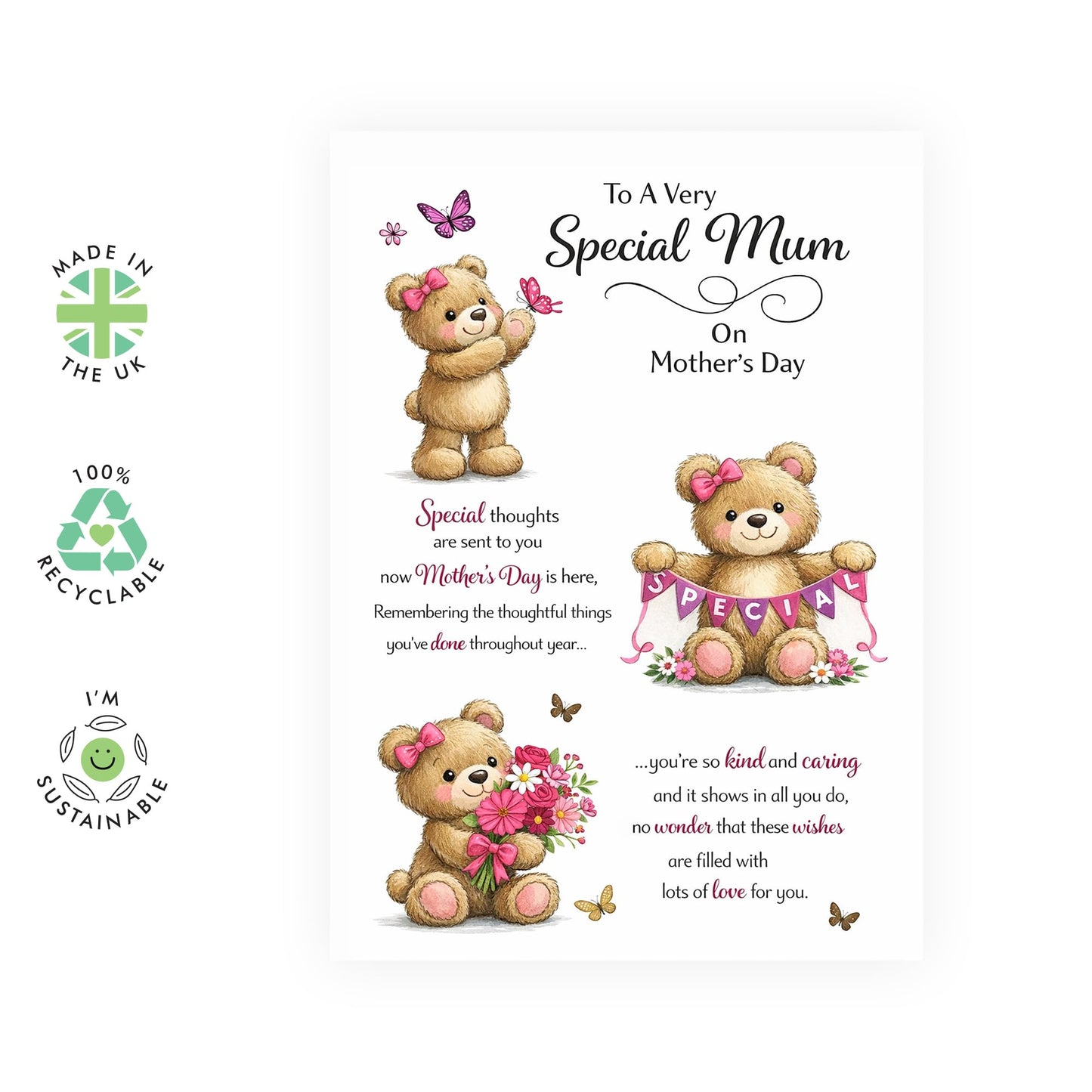 Thoughtful Mother’s Day Card – Mum Teddy Bear Pink Flowers Butterfly Design for Mama Mums Mummy Her Wife Ladies Women from Family - Thank You, Kind and Caring -Comes with Sweet Stickers