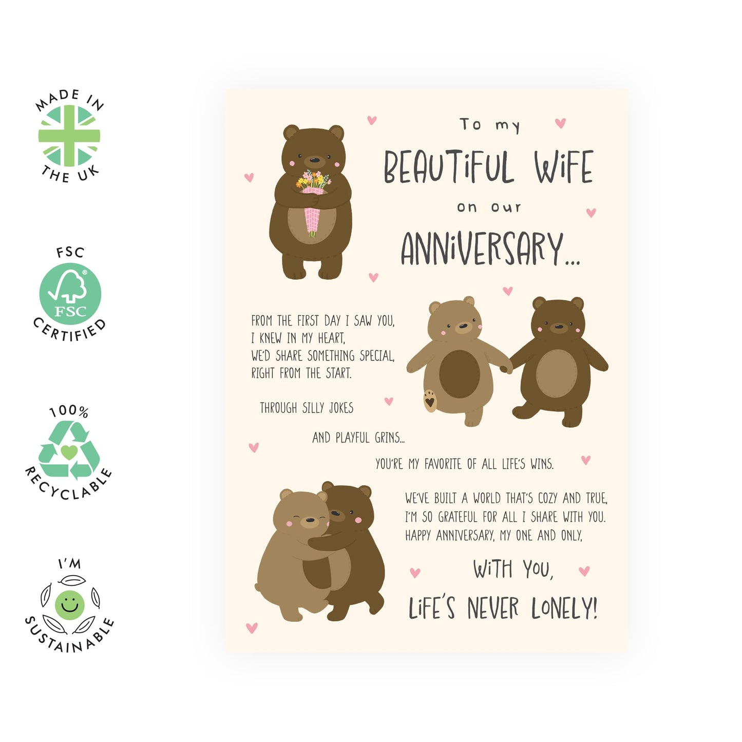 Romantic Anniversary Card with a Message - 'Bear Wife Anniversary' - Gifts for Beautiful Spouse, Married Couples, Other Half, Darling, Her, Mothers - Sweet Brown Bears - Comes with Fun Stickers